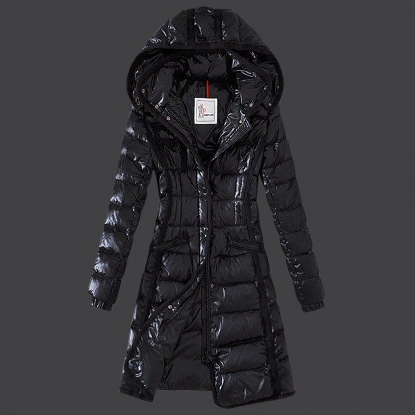 Moncler Donna sottile lungo Giù cappotto Nero Presa M1080